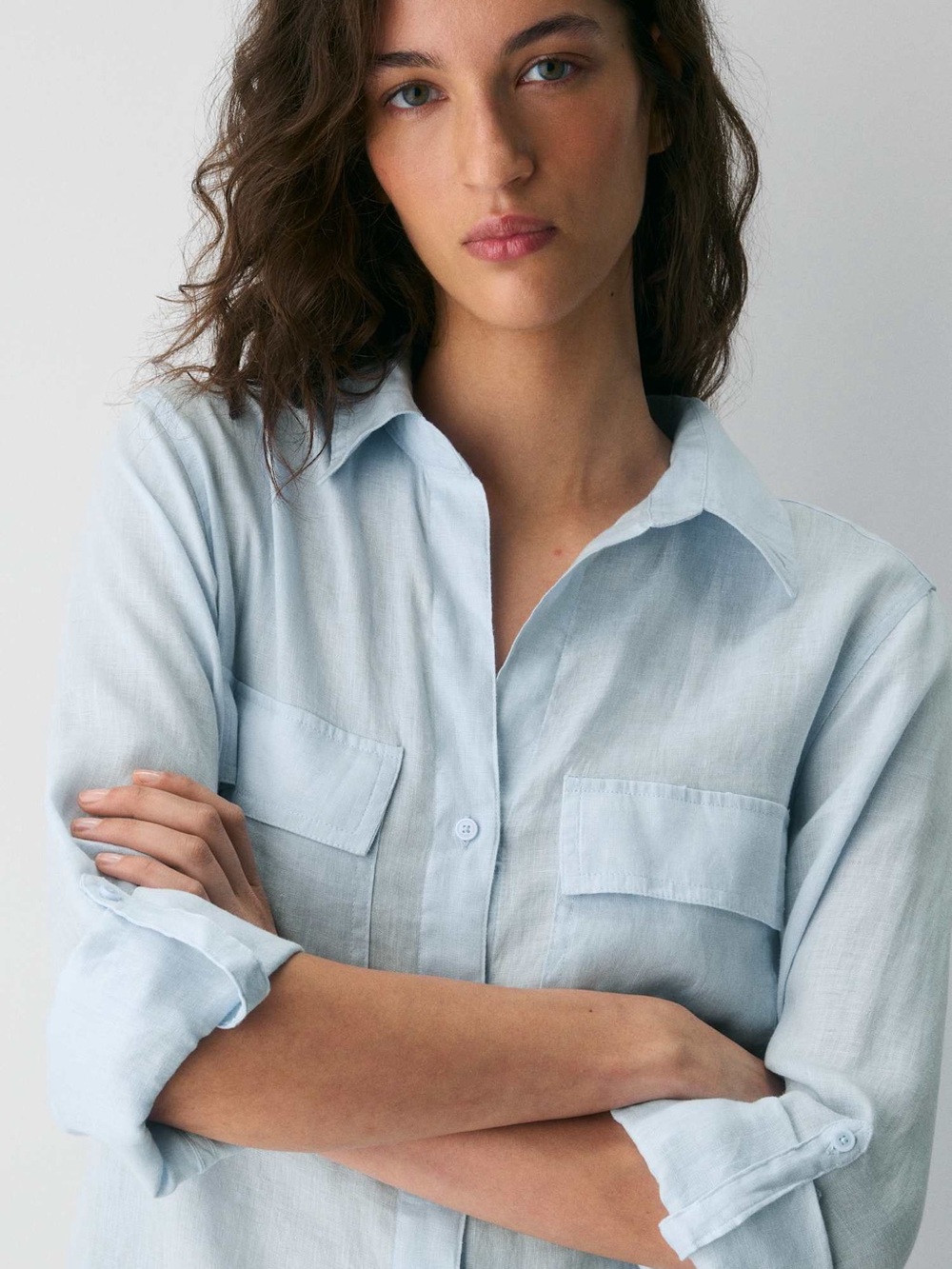 Babaton Light Blue Button-Down Linen Shirt